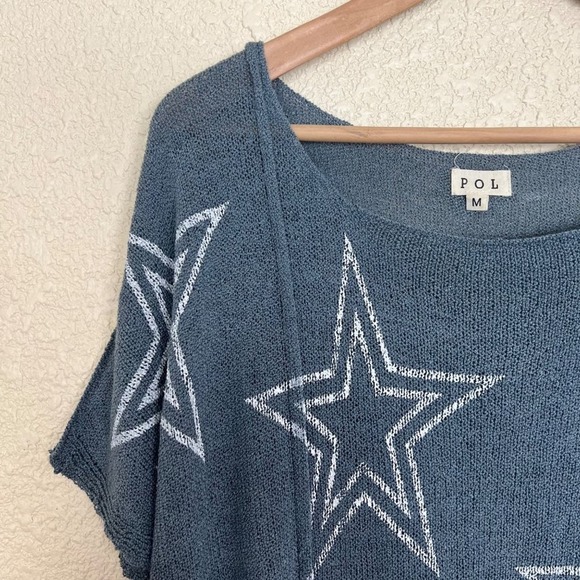POL Star Knit Sweater Womens Medium Blue White Lightweight Short Sleeve - Picture 5 of 9